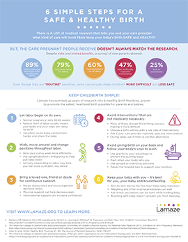 Infographic from Lamaze International describing 6 steps for a safe and healthy birth.