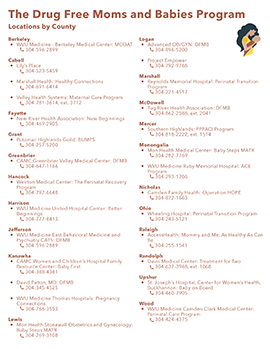 Handout describing the locations of Drug Free Moms and Babies sites by county.