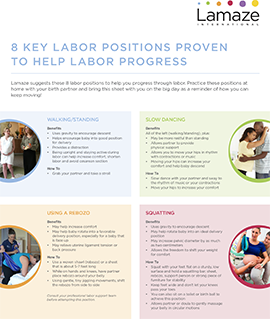 Infographic from Lamaze International describing 8 key labor positions to help labor progress.